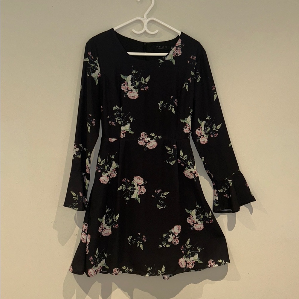 Whistles Black and Pink Floral Long Sleeve Dress